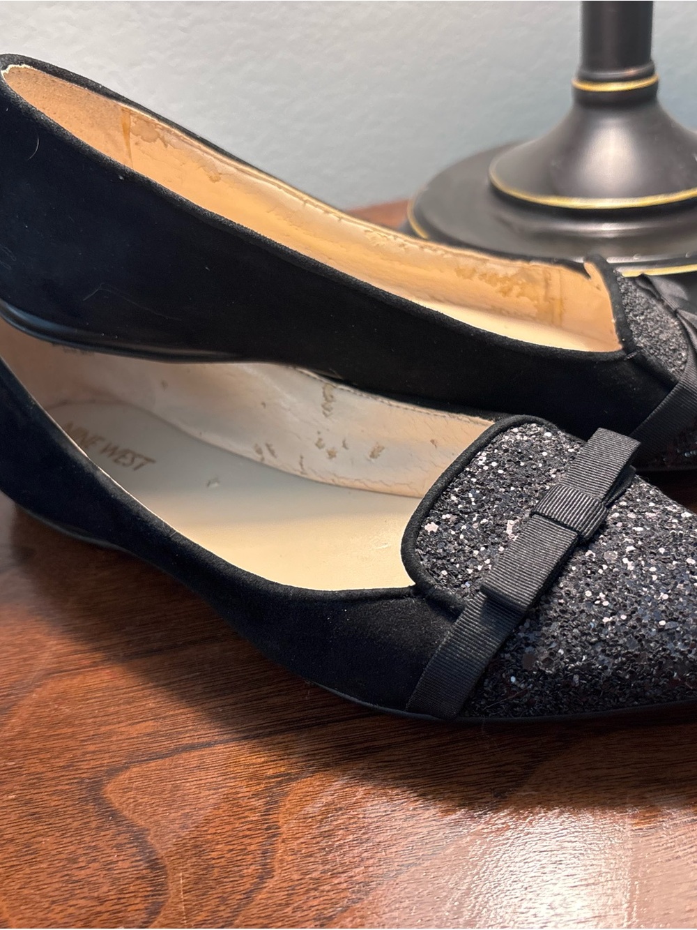 Nine West Black Glitter Pointed Toe Flats with Ribbon Trim - Picture 2 of 3